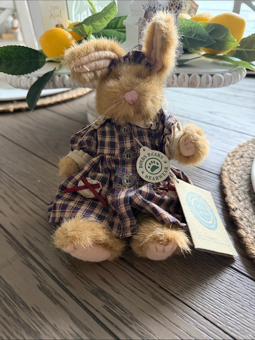 Boyds Bears Brown Plush Bunny in Plaid Dress